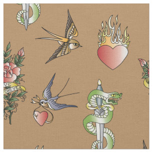 Retro Sailor Tattoo Print  Stof
