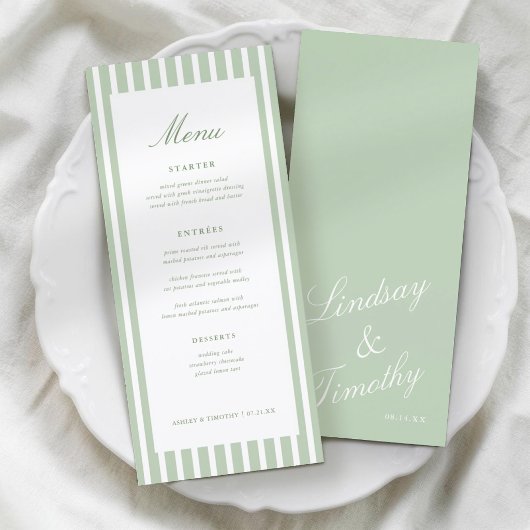 Retro Salie Groen Gestreepte Trouwtafel Menu Kaart