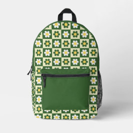 Retro saliegroen en crème madeliefjes dambordpatro bedrukte rugzak