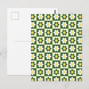 Retro saliegroen en crème madeliefjes dambordpatro briefkaart