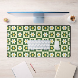 Retro saliegroen en crème madeliefjes dambordpatro bureaumat