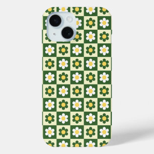 Retro saliegroen en crème madeliefjes dambordpatro iPhone 15 case