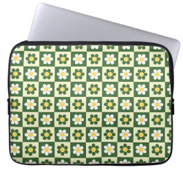 Retro saliegroen en crème madeliefjes dambordpatro laptop sleeve