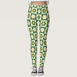 Retro saliegroen en crème madeliefjes dambordpatro leggings