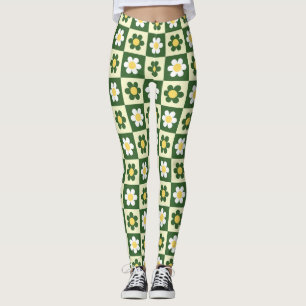 Retro saliegroen en crème madeliefjes dambordpatro leggings