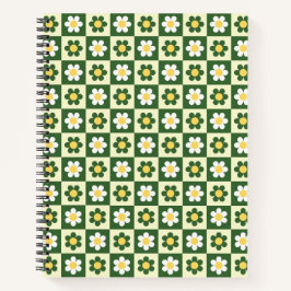 Retro saliegroen en crème madeliefjes dambordpatro notitieboek