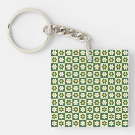 Retro saliegroen en crème madeliefjes dambordpatro sleutelhanger