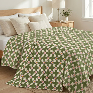 Retro saliegroen en roze geometrisch bloemendekbed fleece deken