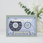 Retro saliegroene cassetteband bruiloft save the date (Staand voorkant)