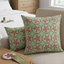 Retro saliegroene en roze bloemaccentkussen