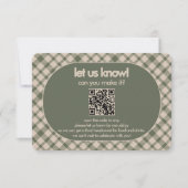 Retro saliegroene karierte QR-code bruiloft RSVP Kaartje (Voorkant)