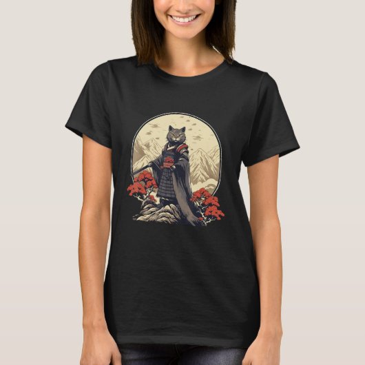 Retro Samurai Cat  Japanese Inspired Cat T-shirt (Voorkant)