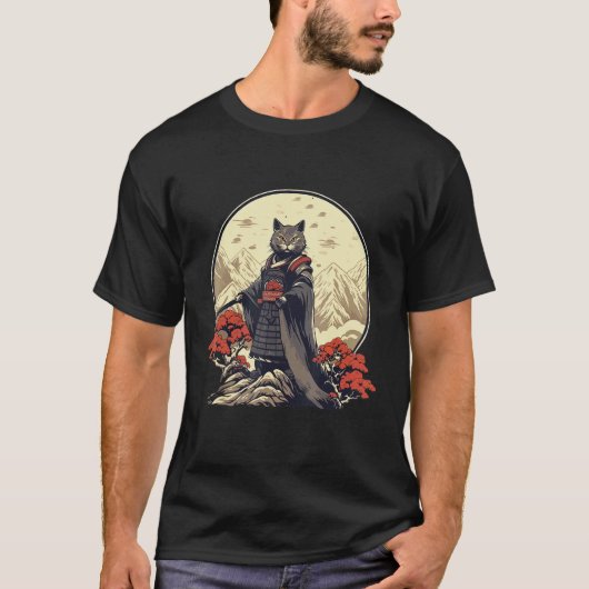 Retro Samurai Kat Japan geïnspireerde kat T-shirt (Voorkant)