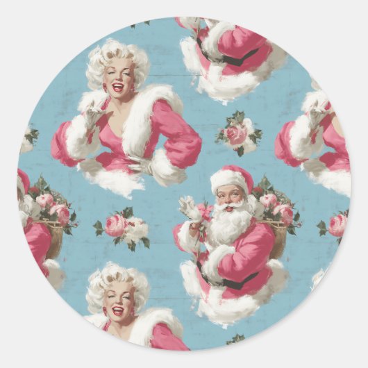 Retro Santa and Glam Holiday Cheer Ronde Sticker (Voorkant)