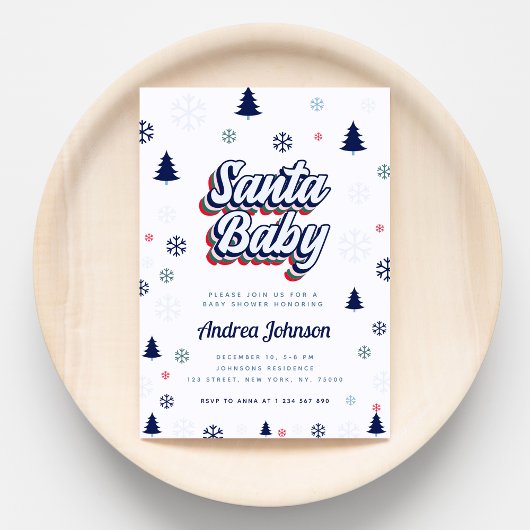 Retro Santa Baby Blue Snowflakes Boy Baby shower Kaart