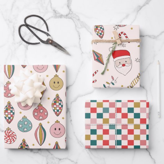 Retro Santa Checker Happy Ornamenten Inpakpapier Vel (Voorkant)
