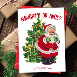 Retro Santa Christmas Naughty Nice niet-foto kaart<br><div class="desc">Deze lieve niet-foto-kerstkaart is voorzien van een afbeelding van de kerstman die zijn lijst controleert voor een versierde kerstboom. De begroeting op de voorzijde van de kaart zegt "Naughty or Nice?" maar is bewerkbaar en kan worden gewijzigd in alles wat je wilt. Er is ook ruimte voor uw namen en...</div>