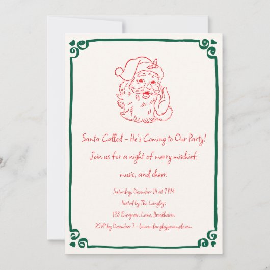 Retro Santa Christmas Party Whimsical Doodle Kaart (Voorkant)