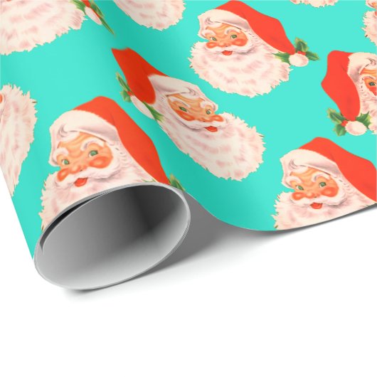 Retro Santa Claus Aqua kerstpapier Cadeaupapier (Rol Hoek)