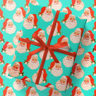 Retro Santa Claus Aqua kerstpapier Cadeaupapier
