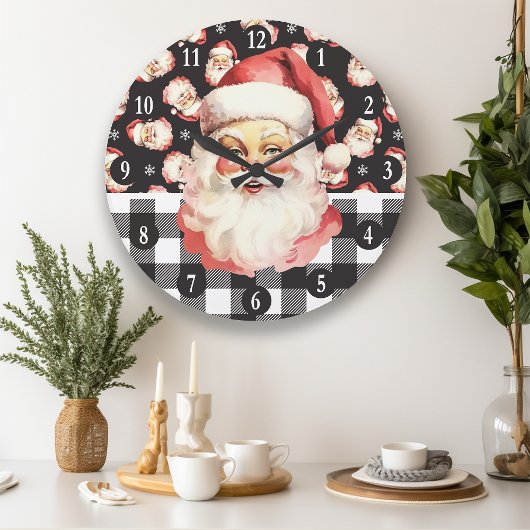 Retro Santa Claus Black And White Plaid Christmas Grote Klok