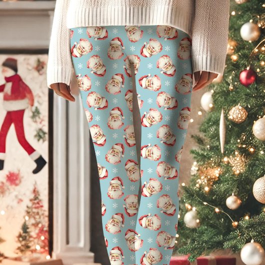  Retro Santa Claus Blauw Kerstpatroon Leggings