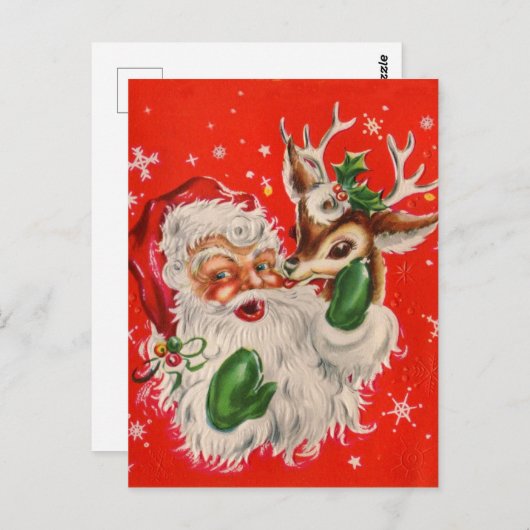 Retro Santa Claus en rendierkerstBriefkaart Briefkaart (Voorkant / Achterkant)