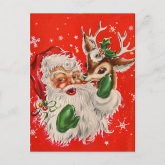 Retro Santa Claus en rendierkerstBriefkaart Briefkaart