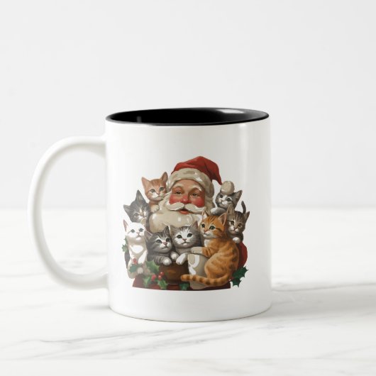 Retro Santa Claus & Kittens Christmas Winter 90s  Tweekleurige Koffiemok (Links)