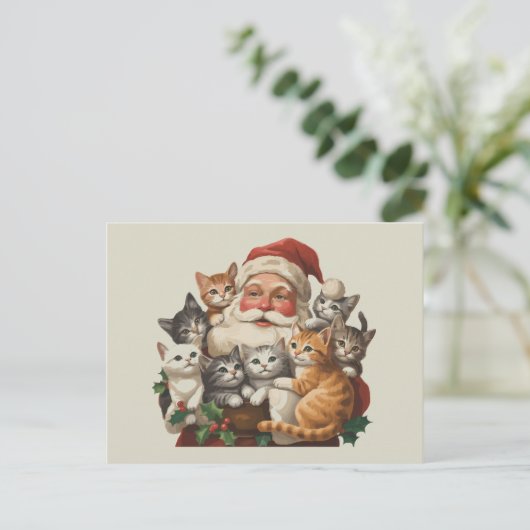 Retro Santa Claus & Kittens Kerstwinter 90s Feestdagenkaart (Staand voorkant)