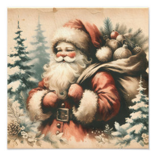Retro Santa Claus met Ornamenten Foto Afdruk