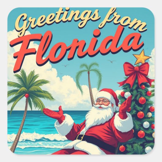 Retro Santa Claus op het strand - Nederland Vierkante Sticker (Voorkant)