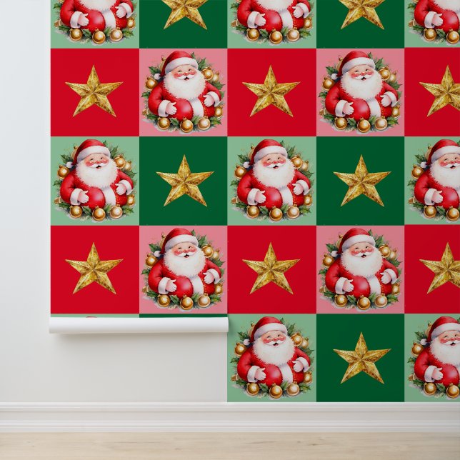 Retro Santa Claus Tartan Plaid Kerstmis Behang (Applicatie)