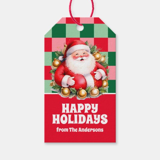 Retro Santa Claus Tartan Plaid Kerstmis Cadeaulabel (Voorkant)