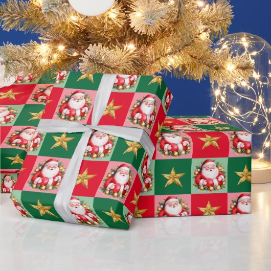 Retro Santa Claus Tartan Plaid Kerstmis Cadeaupapier (Feestdagen)