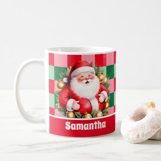 Retro Santa Claus Tartan Plaid Kerstmis Koffiemok (Met donut)