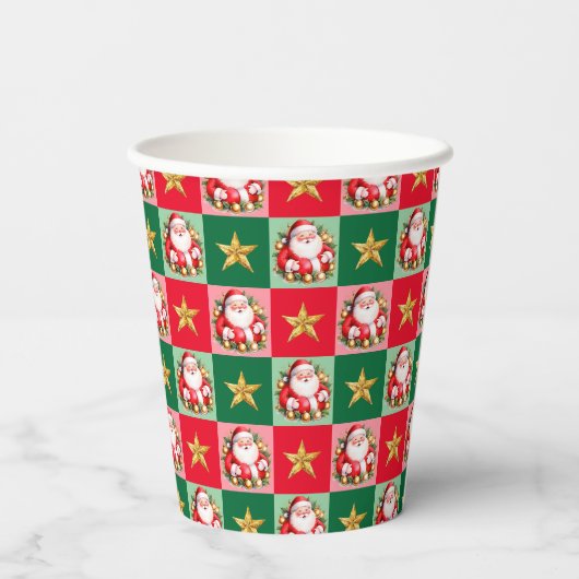 Retro Santa Claus Tartan Plaid Kerstmis Papieren Bekers (Achterkant)