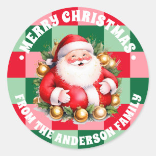 Retro Santa Claus Tartan Plaid Kerstmis Ronde Sticker