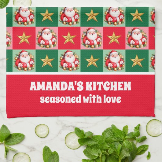 Retro Santa Claus Tartan Plaid Kerstmis Theedoek (Gevouwen)