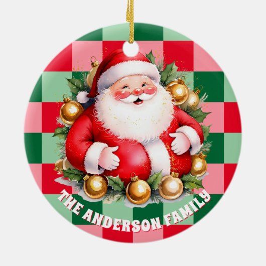 Retro Santa Claus Tartan Plaid Kerstversiering Keramisch Ornament (Achterkant)
