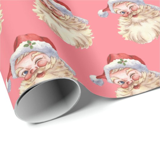Retro Santa Claus Wink in Blush Pink Cadeaupapier (Rol Hoek)