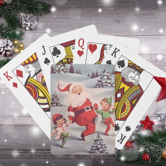 Retro Santa Dansen met Elfen Kerst Pokerkaarten