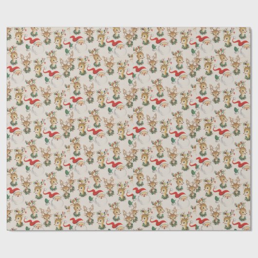 Retro Santa Deer Design Kerstmis Cadeaupapier (Vlak)