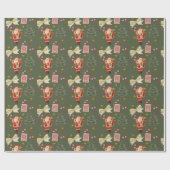 Retro Santa Donker Groen Kerstinpakpapier Cadeaupapier (Vlak)