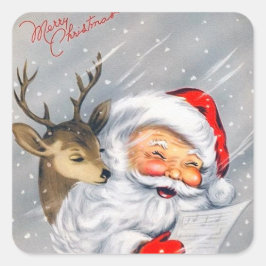 Retro Santa en Reindeer die kerstlied zingen Vierkante Sticker