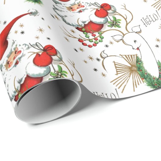 Retro Santa en rendier Cadeaupapier (Rol Hoek)