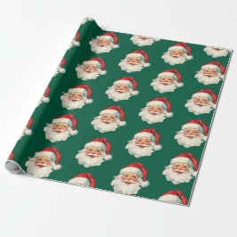 Retro Santa Face Christmas Green Cadeaupapier
