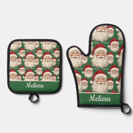  Retro Santa Face Green Ovenwant & Pannenlap Set (Voorkant)