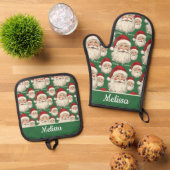 Retro Santa Face Green Ovenwant & Pannenlap Set (Top down)