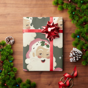  Retro Santa Face Sparkle Aesthetic Green Cadeaupapier